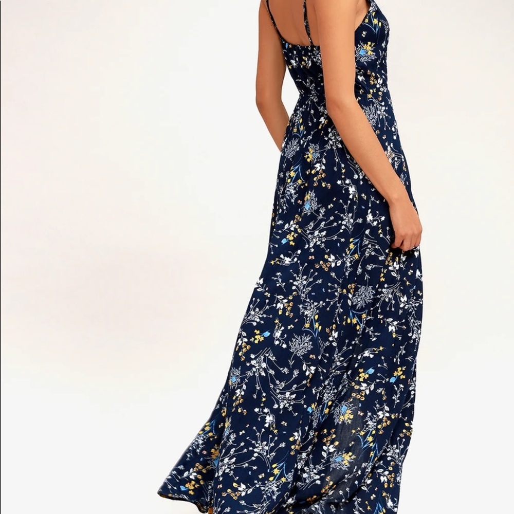 Lulus Sweet as Honeysuckle Navy Blue Floral Print Wrap Maxi Dress - Small